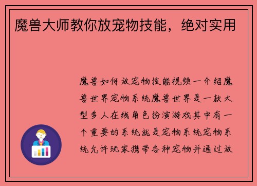 魔兽大师教你放宠物技能，绝对实用